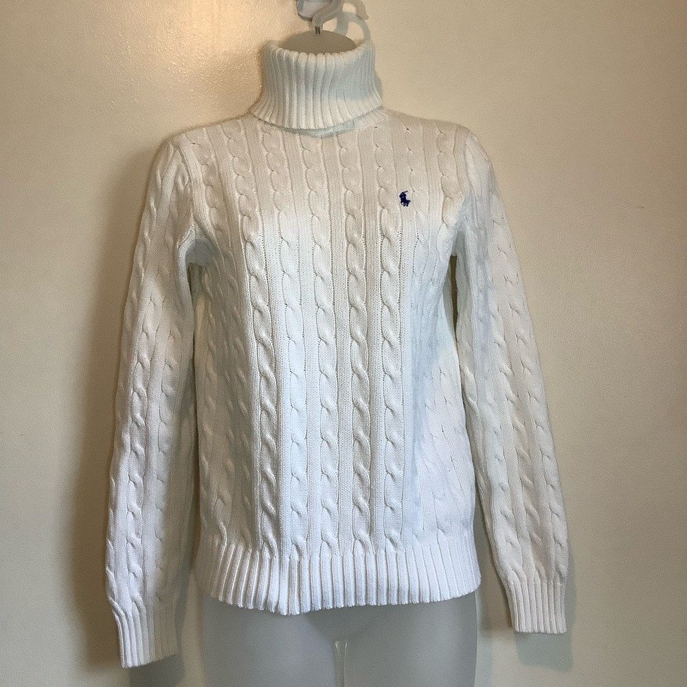 Ralph Lauren Sport CowlNeck Sweater Women Med. White Cable Knit Pullover Cotton - Picture 7 of 12